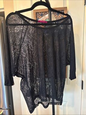 julie's closet Black Sheer Lace Top with Floral Motif